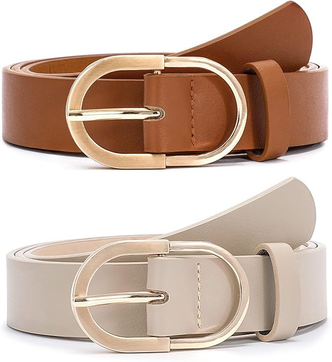 VONMELLI 2 Pack Women's Leather Belts for Jeans Pants Fashion Gold Buckle Ladies Dress Belt | Amazon (US)