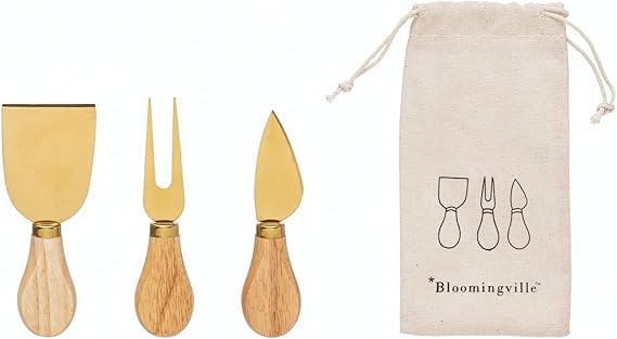 Bloomingville Stainless Steel Utensils with Oak Wood Handles, Gold Finish, Set of 3 Cheese Knives... | Amazon (US)