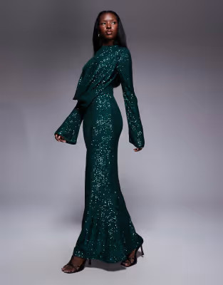 ASOS DESIGN all over sequin long sleeve wrap front detail maxi dress in emerald green | ASOS | ASOS (Global)