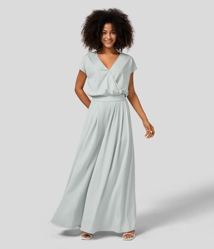 V Neck Short Sleeve Plicated Side Pocket Wide Leg Flowy Waffle Casual Jumpsuit | HALARA