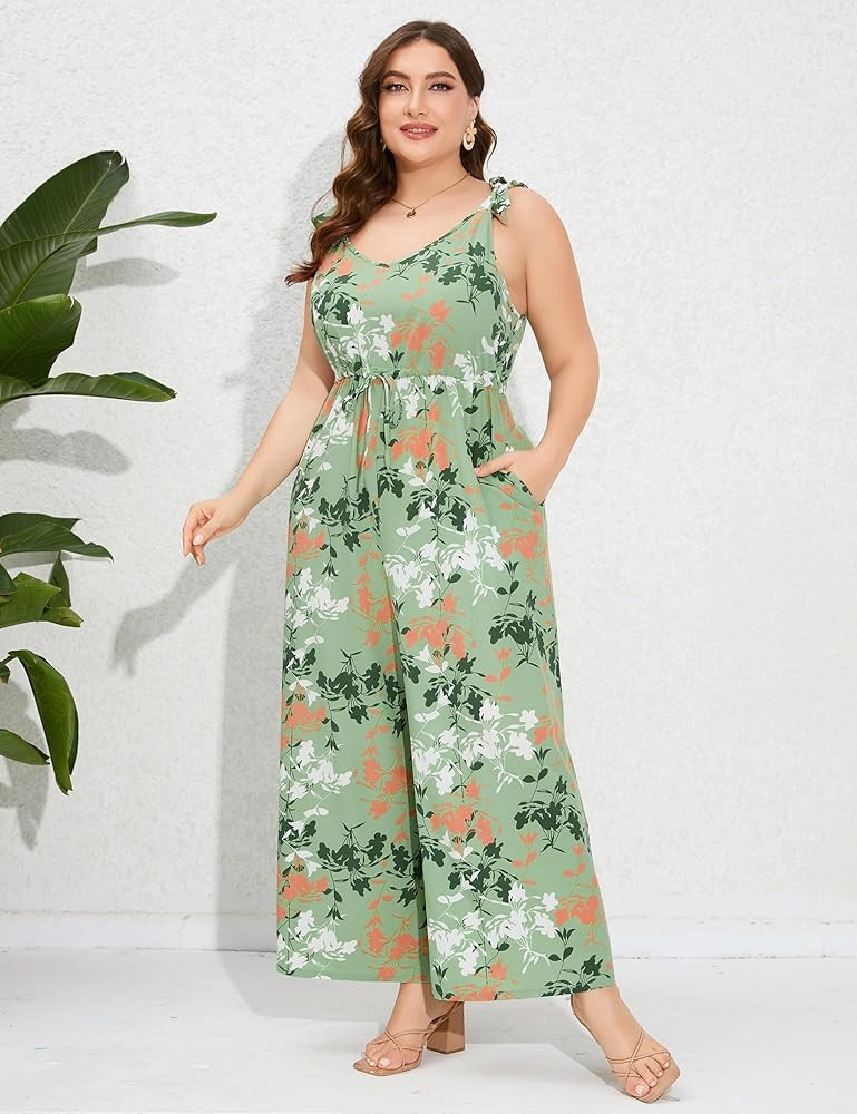 Women's Plus Size Jumpsuits Floral Print Tie Strap V-Neck Loose Wide Leg Long Rompers with Pocket... | Amazon (US)