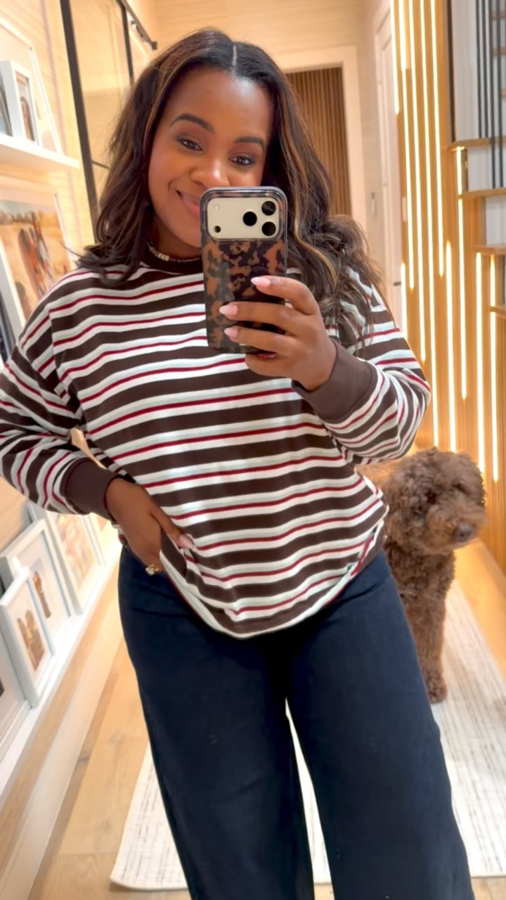 Run don’t walk to get your hands on this striped tee from @Target 🤎 It’s $10 and I have it paired with my favorite barrel jeans. Wearing a size M in top and comes in multiple colors!