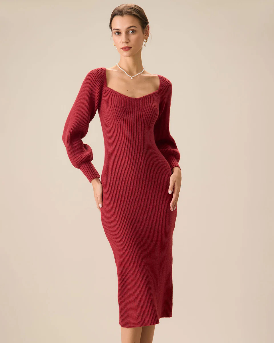 Women's Red Ribbed Knit Bodycon Sweater Dress | rihoas.com