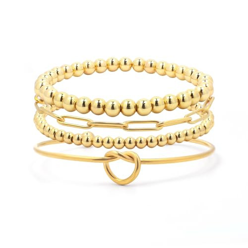 MOLUONAQI Gold Bracelet Stack Bracelets For Women Trendy Natural Stone Beaded Bracelets Stackable Bracelets For Women 14k Gold Plated Stretch Bead Ball Bracelet | Amazon (US)