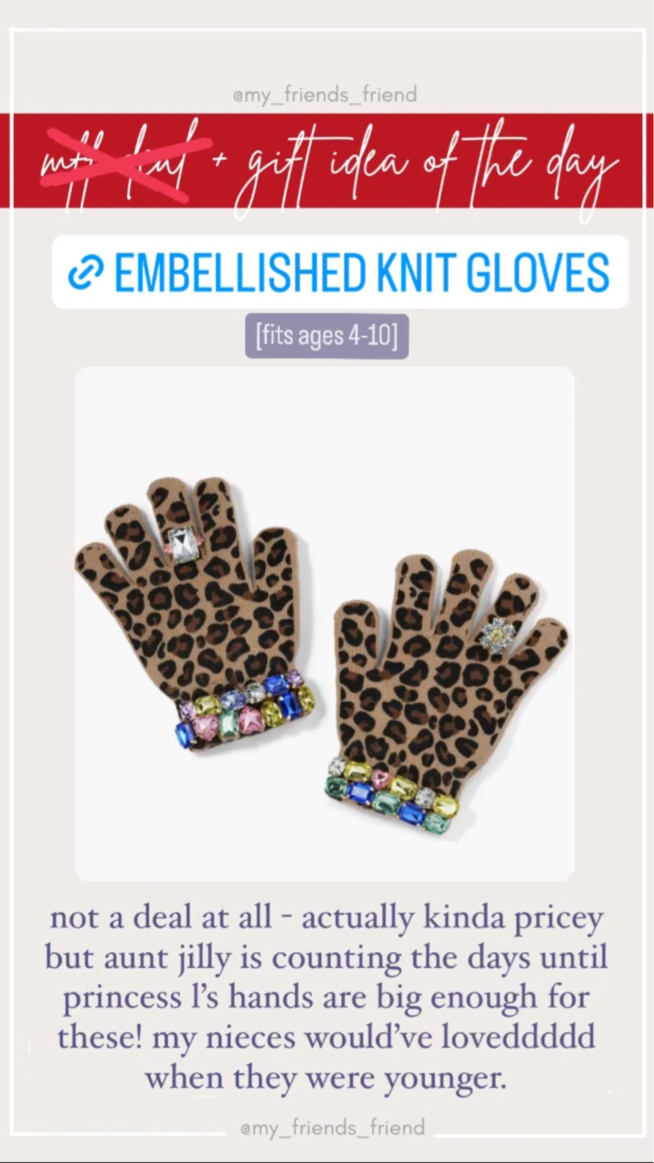 💡gift idea for little girls: embellished knit gloves! we simply can’t with these - the rhinestones lining the cuffs + the leopard-print is just 💯, fits ages 4-10. 💎👯‍♀️

gift ideas for kids//toddler girl gifts//winter gloves

#LTKGiftGuide #LTKkids