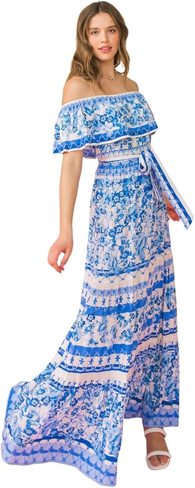 Flying Tomato Off Shoulder Bohemian Maxi Dress - Off Shoulder Ethnic Floral Print Sundress with W... | Amazon (US)