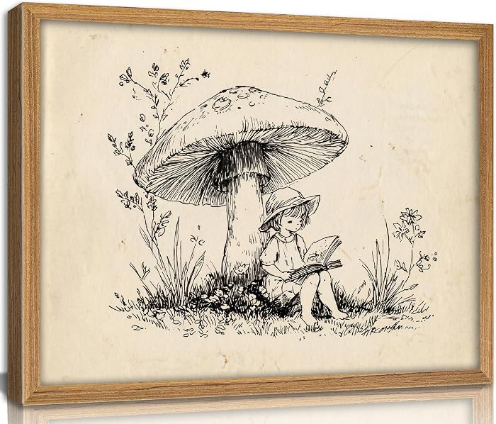 Framed Vintage Whimsical Book lovers Wall Art Mushroom Girl Reading Wall Decor Cozy Storybook Ske... | Amazon (US)
