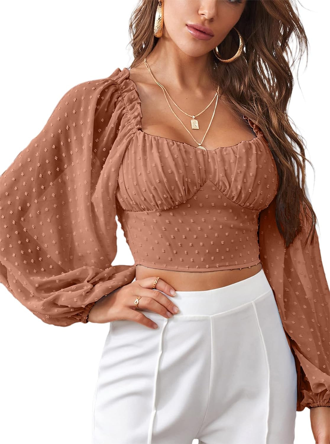 Avanova Women's Sheer Mesh Long Sleeve Crop Top Scoop Neck Swiss Dots Elegant Blouse | Amazon (US)