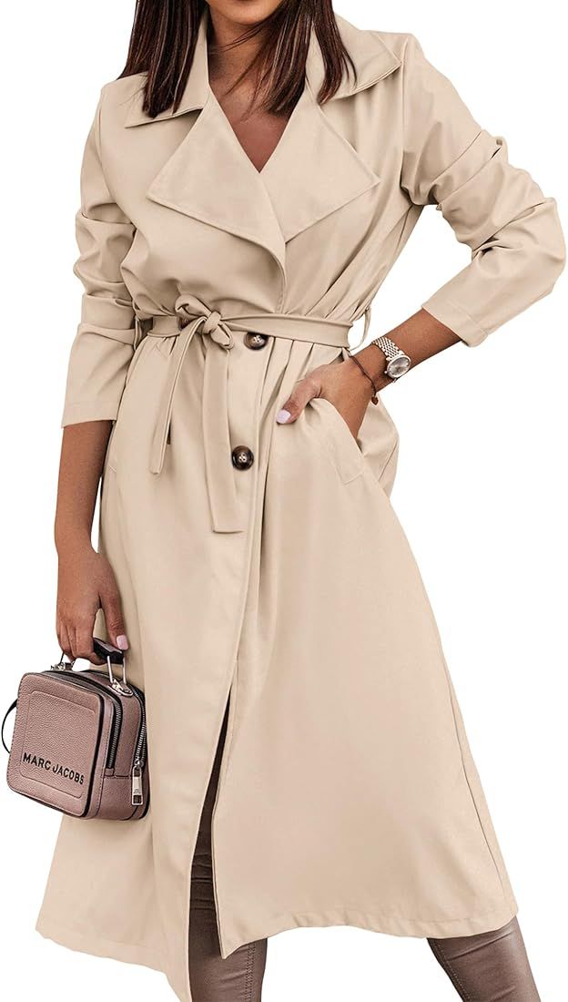 KIRUNDO Women's Trench Coat Long Double-Breasted Fall Fashion 2023 Classic Lapel Slim Overcoat Outer | Amazon (US)