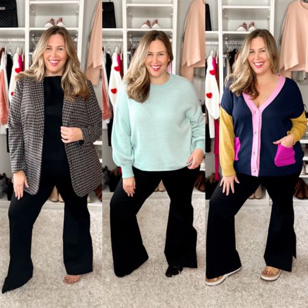 Plus Size Spanx Style Session! I have been LOVING these new double slit pants from Spanx. I wear a size 2X and they run true! They are also available in petite and tall lengths! Don't forget, you can use my code ASHLEYDXSPANX for a discount on any full-price items at Spanx! Here are 3 different ways you could style these pants! Look 1 (left): I paired the Spanx pants with a classic black top also from Spanx (2X) and a blazer from JCPenney (18W). Finished the look a pair of low heels from Abercrombie. Look 2 (middle): I paired the pants with this super cute balloon sleeve sweater from Walmart (XXL) and a pair of black flats from Target (linked similar). Look 3 (right): I paired the Spanx pants with a super cute and comfy colorblock cardigan from Walmart (2X) – I think it is SUCH a cute transition piece from winter to spring. Also wearing a pair of platform sandals from Target (linked similar). 

#LTKFind #LTKcurves #LTKSale