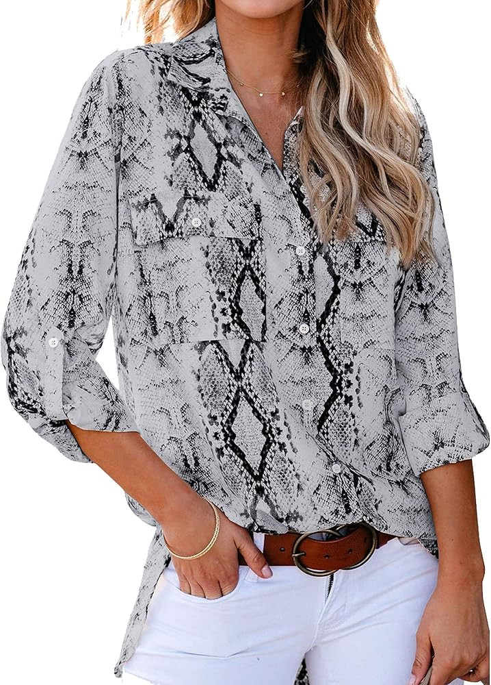 Damen Langarm Revers Blusen Elegante V-Ausschnitt Oberteile Front Button Down Shirt mit Taschen 5... | Amazon (DE)