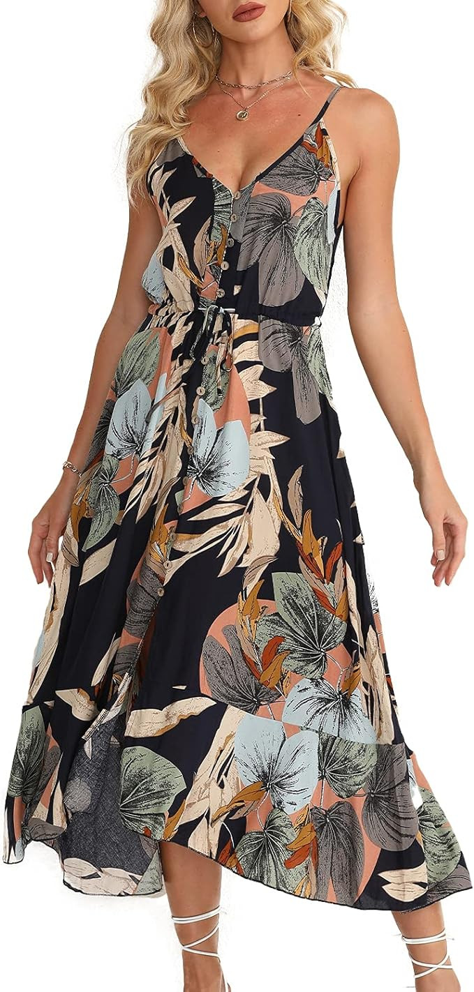 BROVAVE Women's 2025 Summer Casual Boho Sundress Polka Dot Spaghetti Strap V Neck Flowy Midi Dres... | Amazon (US)