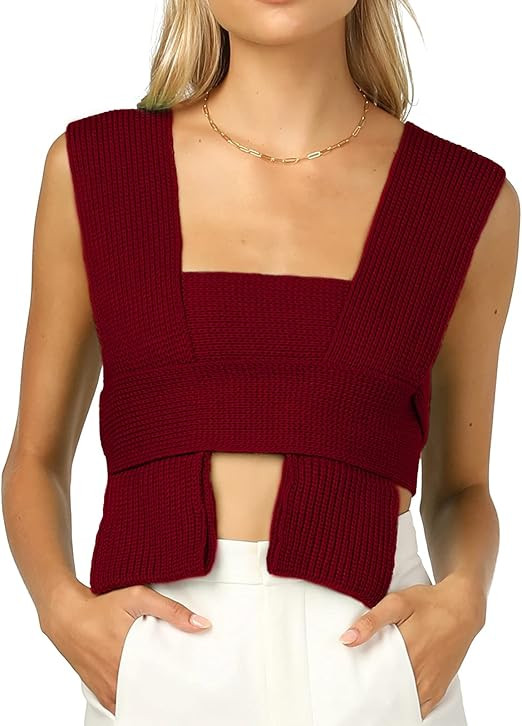 Women’s Crop Sweater Top Sleeveless Tie Strappy Backless Knitted V Neck Casual Jumper Crop Tank... | Amazon (US)