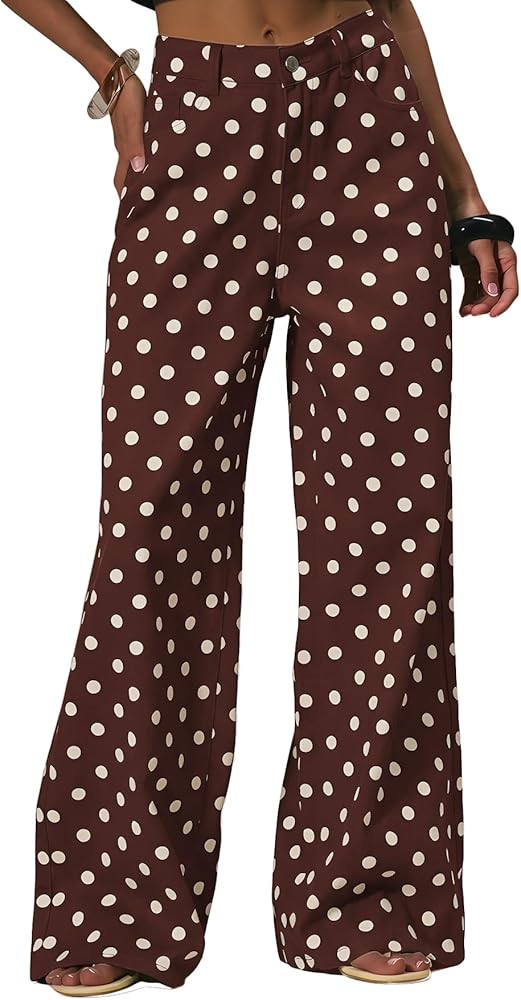 MakeMeChic Women's Polka Dots Loose Fit Wide Leg Jeans Mid Waist Denim Pants with Pocket | Amazon (US)