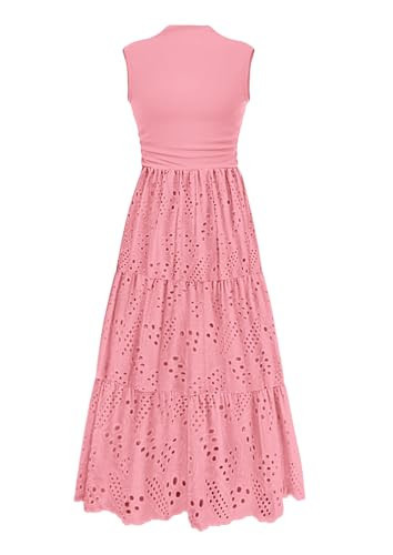 PRETTYGARDEN Summer Dresses for Women 2026 Casual Eyelet Sleeveless Wedding Guest Maxi Dress Tank Top Sundress with Pockets (Pink,Medium) | Amazon (US)