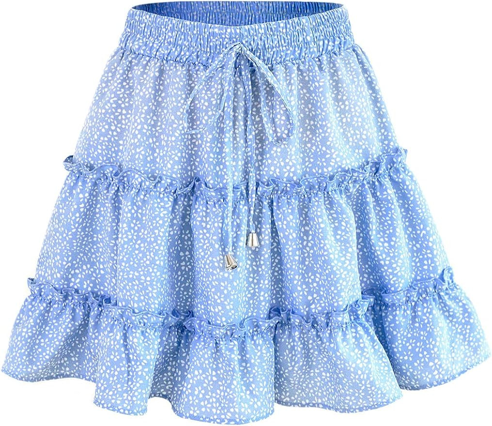 Uaneo Women's High Elastic Waist Floral Print Pleated A Line Boho Beach Mini Skirts | Amazon (US)