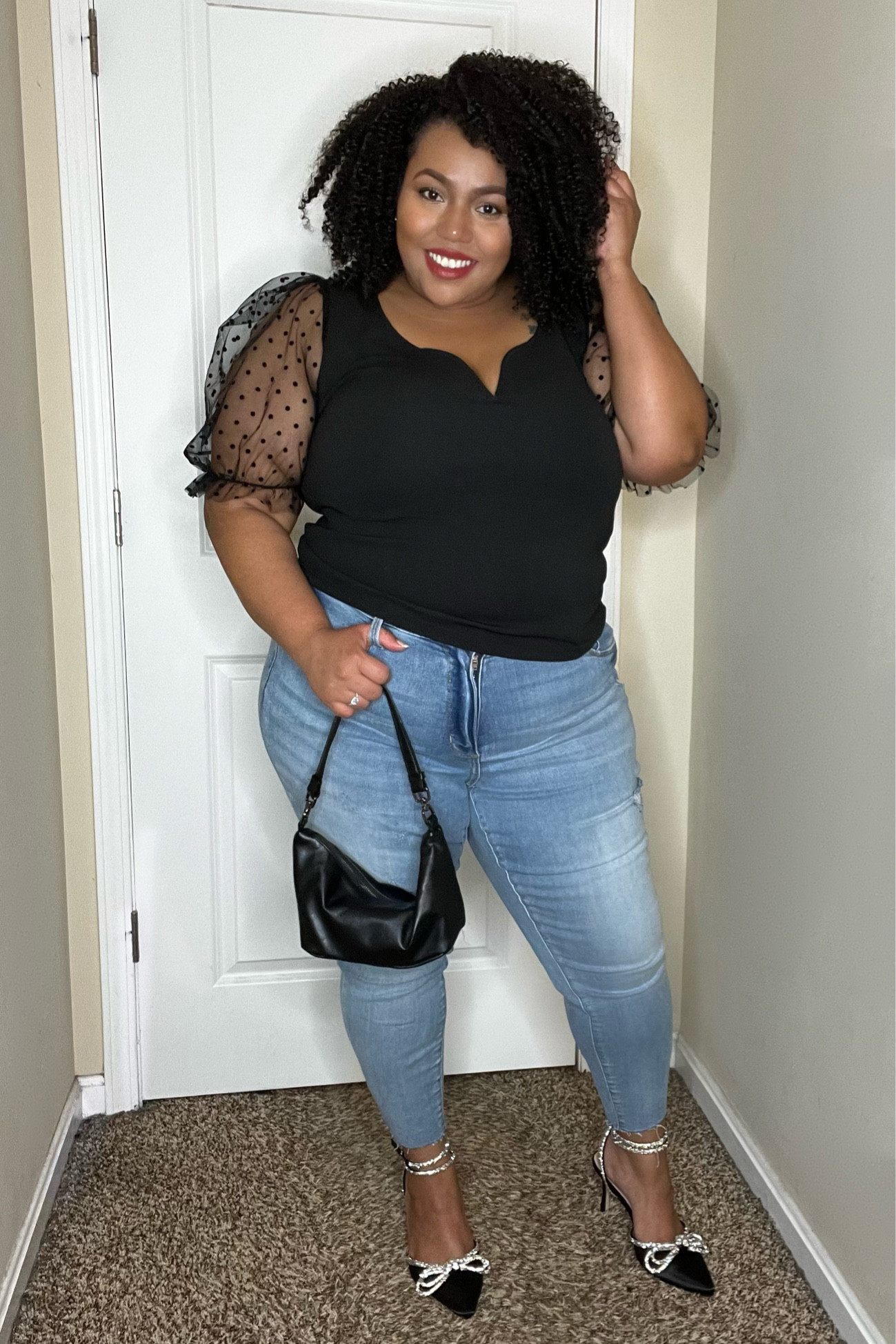 How to style rhinestone bow high heels? Any glam style top paired with jeans is fun! 

Plus size outfit ideas 
Jeans with heels outfit 
Bow high heels 
Date night outfit 

#LTKFind #LTKshoecrush #LTKcurves
