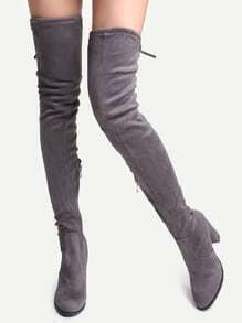 Grey Faux Suede Point Toe Tie Back Knee Boots | Romwe