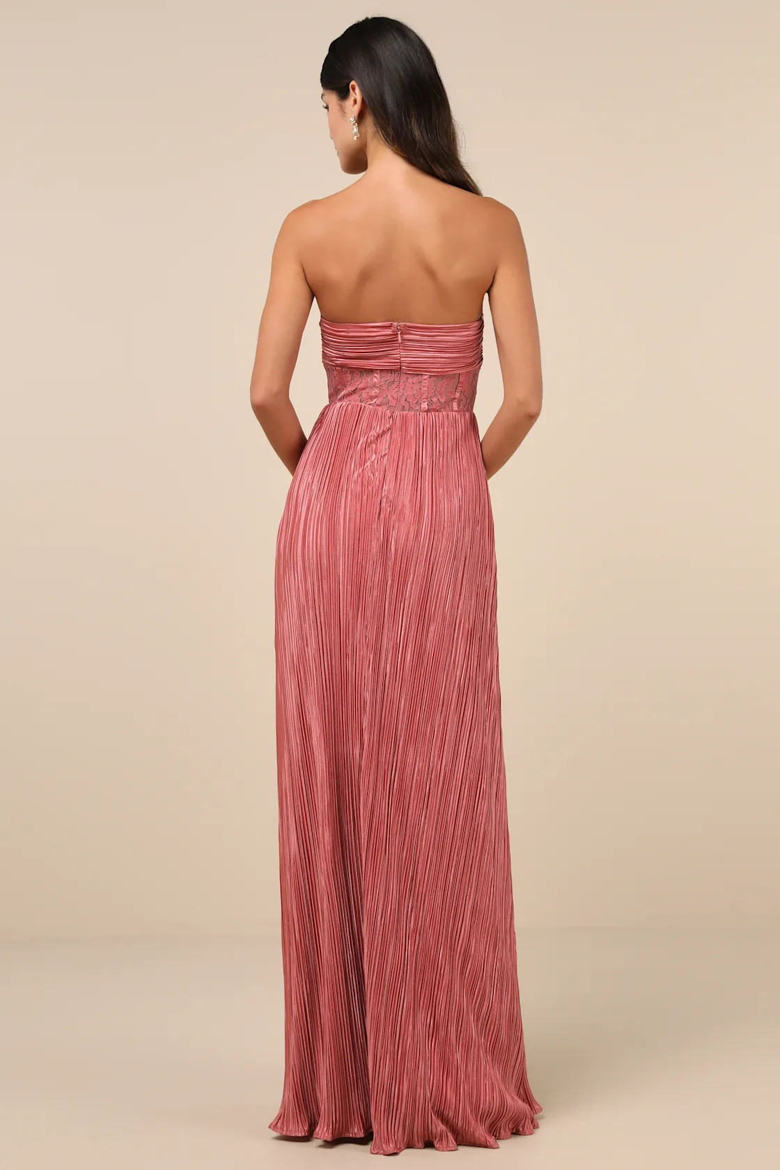 Desme Rose Pink Satin Plisse Strapless Maxi Dress | Lulus