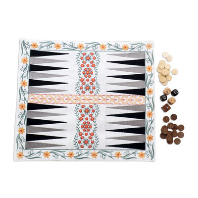 Floral Embroidered Travelers Backgammon Game | NOVICA