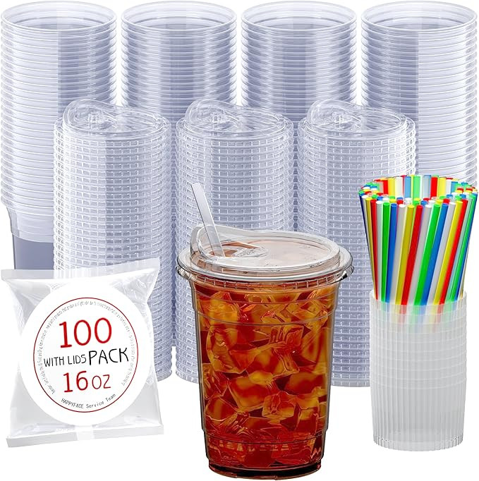 HAPPYFACE 100 Pack, 16 oz Disposable Clear Plastic Cups with Sip Through Lids, Straws, Paper Spla... | Amazon (US)