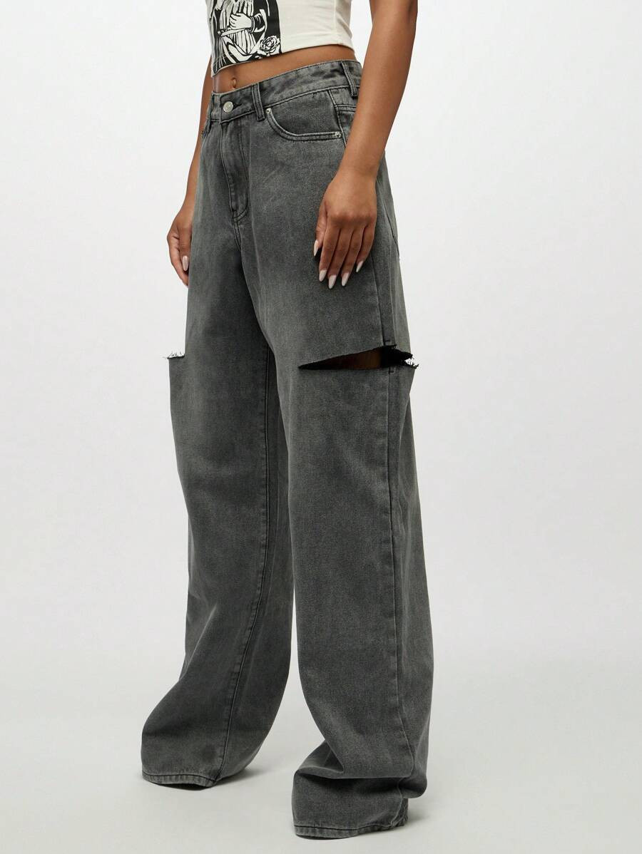 SUMWON WOMEN Wide Leg Distressed Denim High Rise Ultra Baggy Jeans Casual Western Fall Winter Fas... | SHEIN