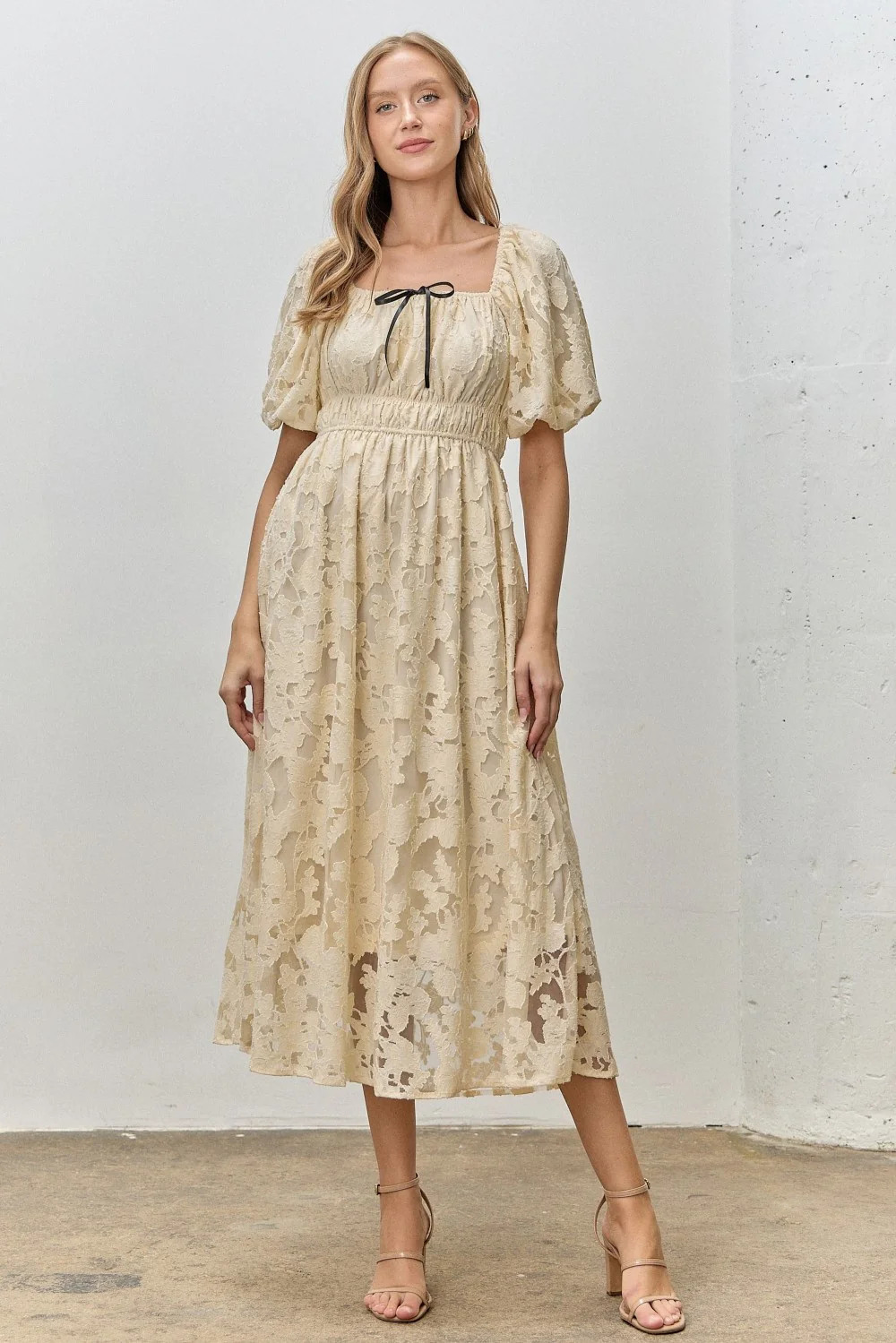 Cream Lace Puff Sleeve Midi Dress | PinkBlush Maternity