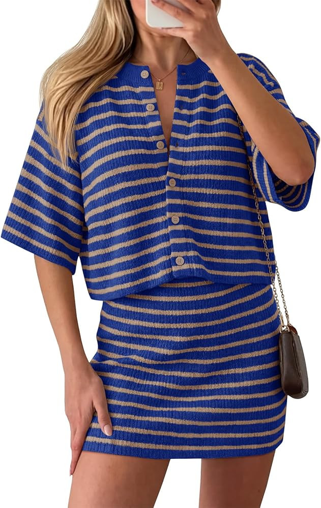 Amazon.com: Saodimallsu Womens Two Piece Skirt Set Summer Striped Knit Short Sleeve Button Cardig... | Amazon (US)