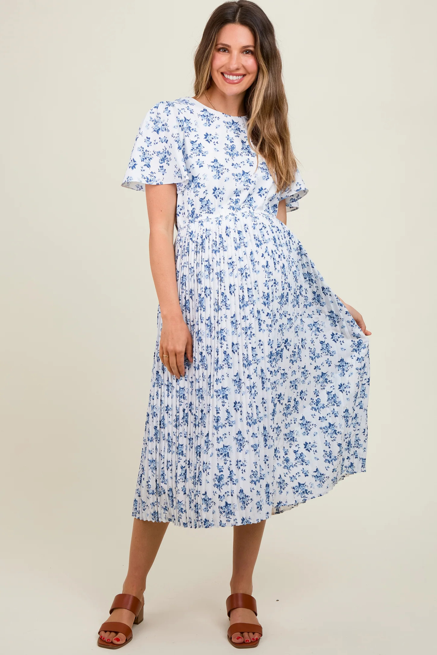 Blue Floral Peated Maternity Midi Dress | PinkBlush Maternity