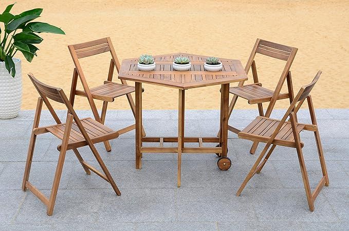 SAFAVIEH Outdoor Collection Kerman Natural 5-Piece Foldable Patio Dining Set (Fully Assembled) | Amazon (US)
