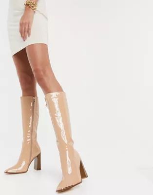 Simmi London Melisa knee boots with metal plating in beige patent | ASOS (Global)