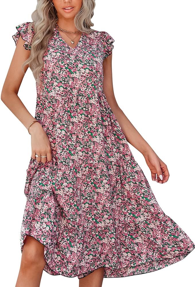 Angashion Women's Summer Dress Floral V Neck Ruffle Cap Sleeve A Line Midi Dresses Knee Length Swing | Amazon (US)