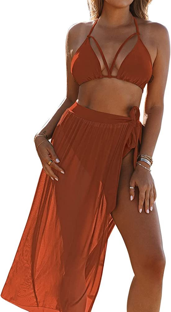 Kisscynest Women's Halter Neck Cut Out 3 Pieces Swimwear with Mesh Maxi Skirt | Amazon (US)