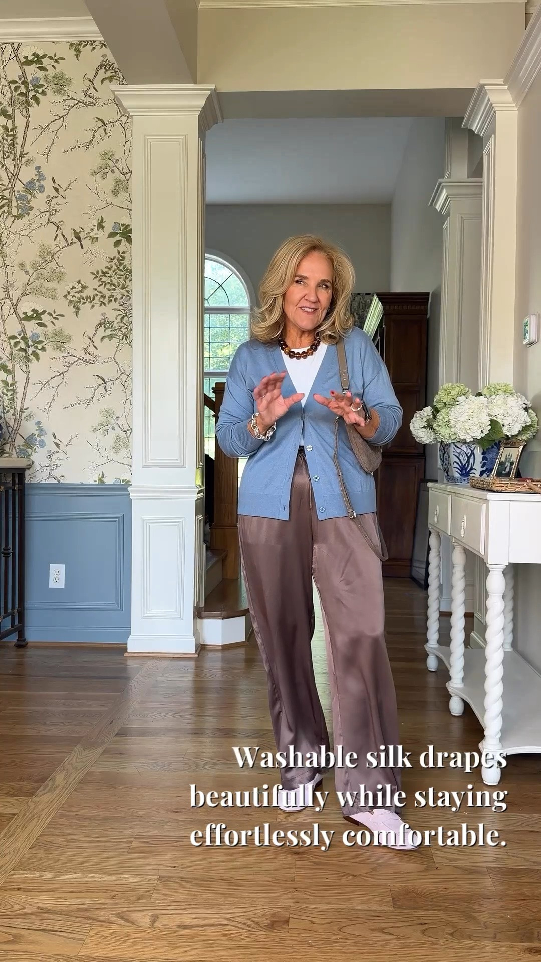 I’m a big fan of a cardigan and wide-leg pants combination, and this blue and brown pairing is such a pretty one. I’m wearing a medium in the sweater and a medium short in the silk pants, and the sneakers keep it from feeling too dressed up.

#LTKootd #LTKgrwm #LTKdayinmylife