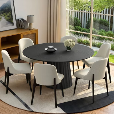 PexFix 52" Modern Round Dining Table Set with 6 Upholstered Chairs Black Textured Wood Top Pleated Pedestal Base Beige Seats for Kitchen Dining Room | Target
