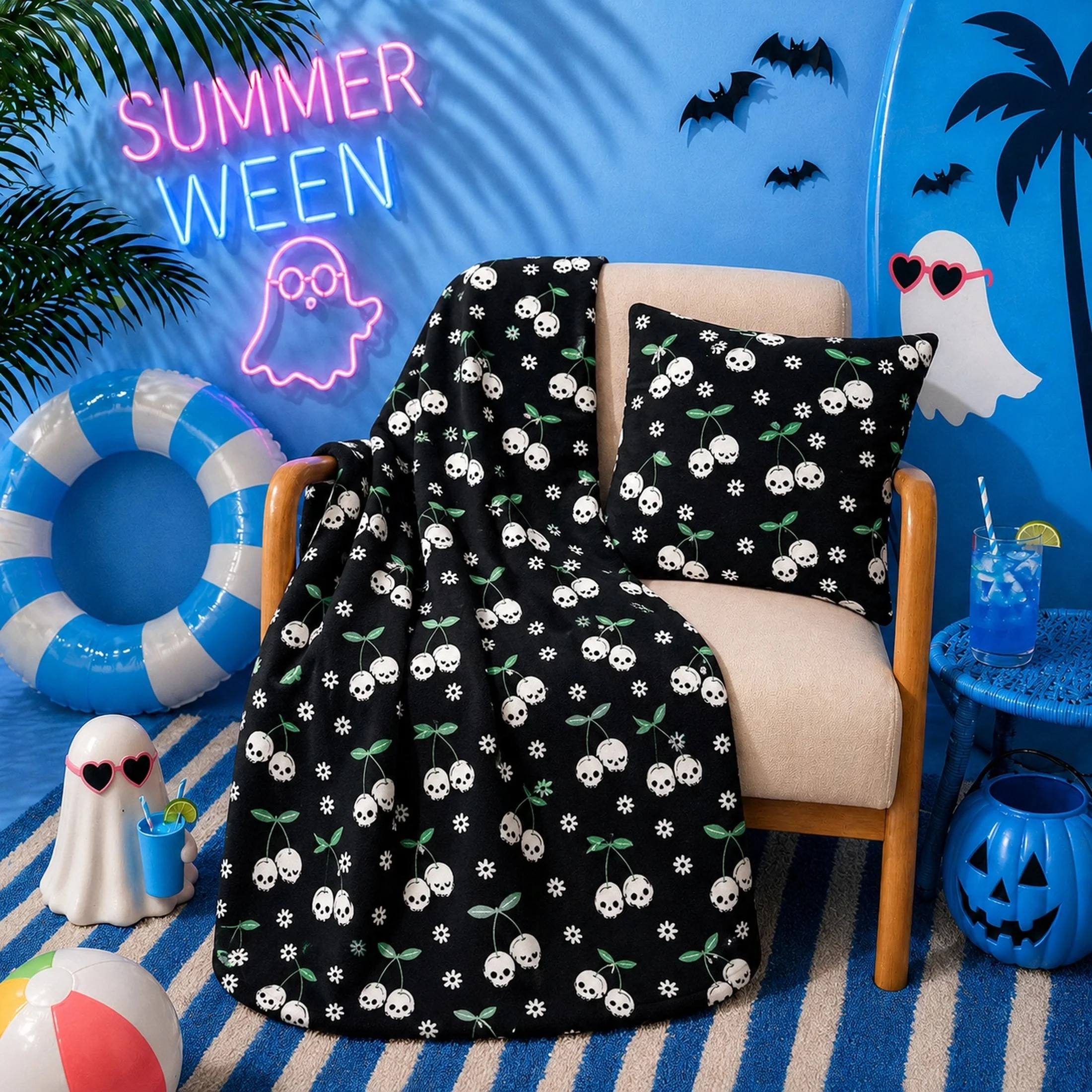 Summerween Plush Oversize Throw Blanket, Halloween Supper Soft Cozy Throw, Skull Cherries | Walmart (US)