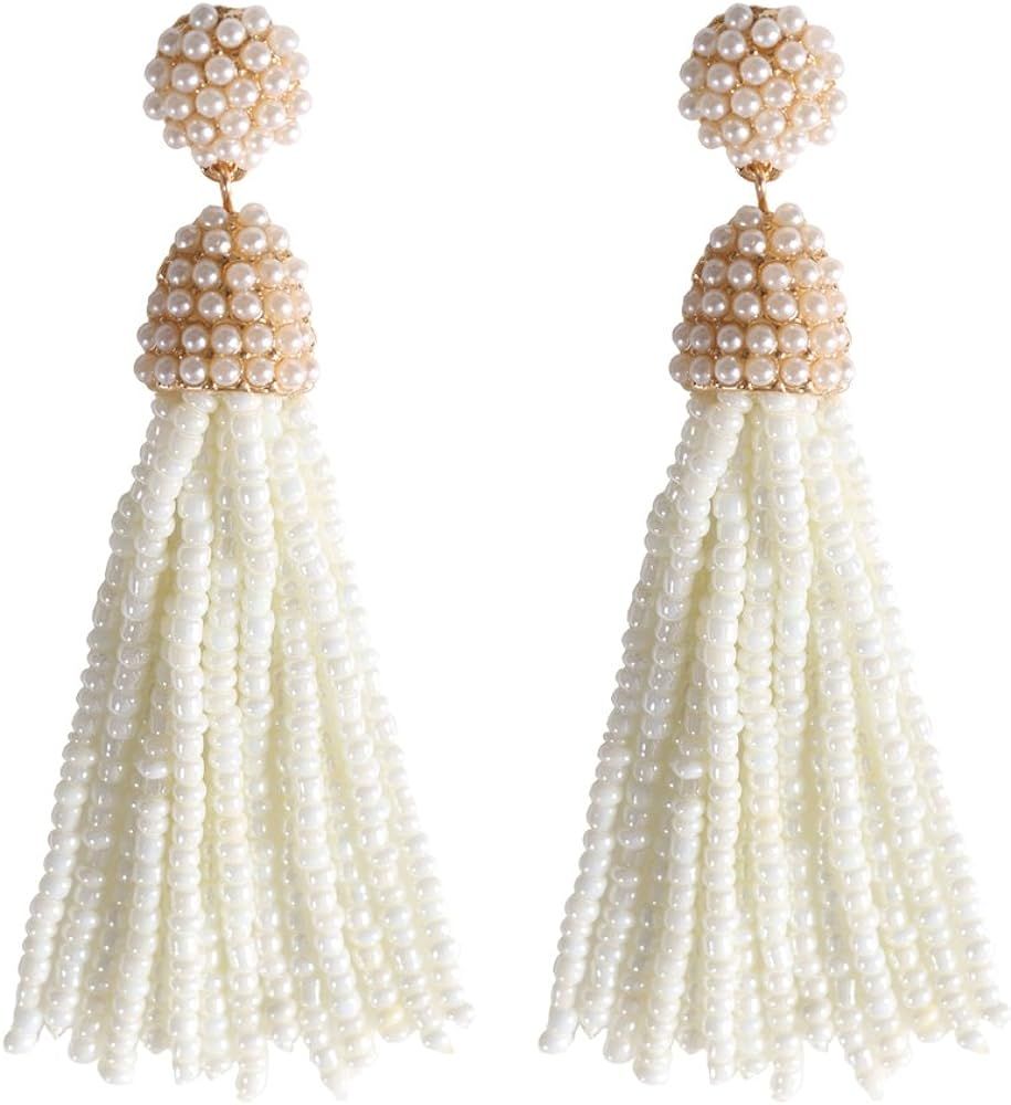 NLCAC Women's Beaded tassel earrings Long Fringe Drop Earrings Dangle 6 Colors | Amazon (US)