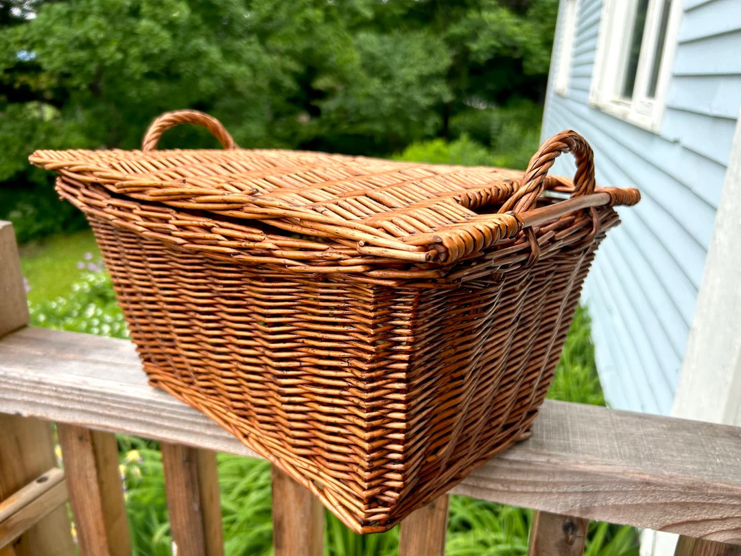 Wicker Basket With Lid Rectangular Farmhouse Rustic Primitive Handmade Rectangular With 2 Handles... | Etsy (US)