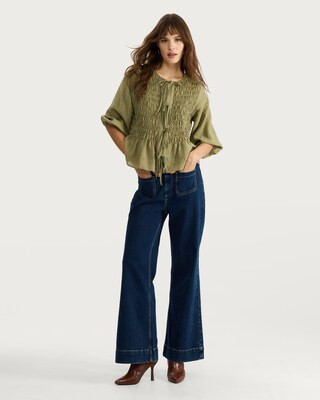 F&F Textured Smocked Tie-Front Blouse in Khaki | Tesco F&F