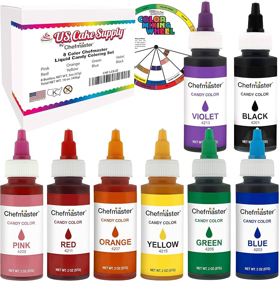 U.S. Cake Supply Large 2-ounce Bottles of each Liquid Candy Food Color 8 Bottle Kit with Mixing W... | Amazon (US)