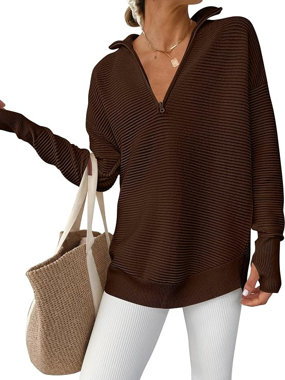 ANRABESS Women Long Sleeve V Neck Fall Sweater Quarter Zip Pullover | Amazon (US)