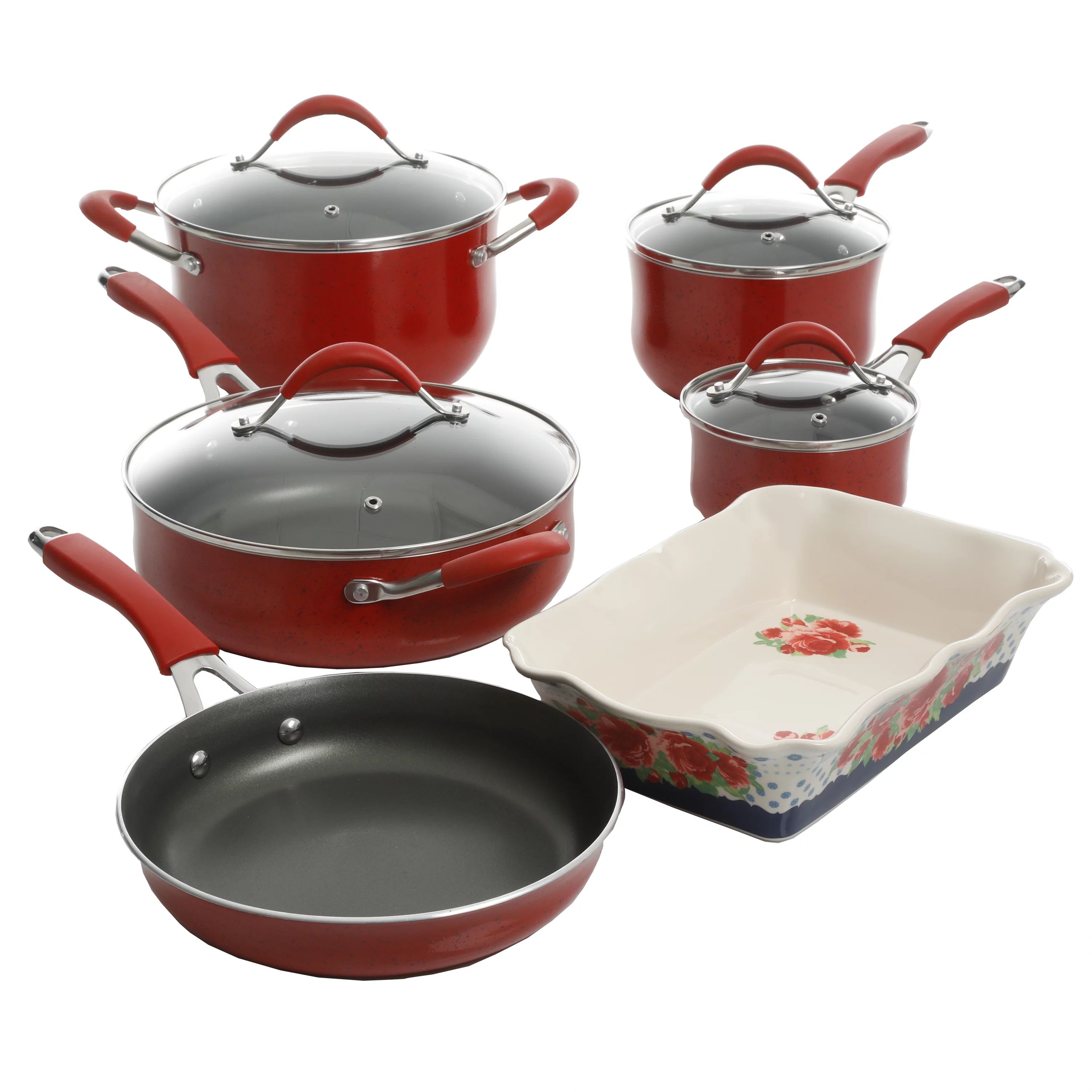 The Pioneer Woman Frontier Speckle 10-Piece Aluminum Nonstick Cookware Set, Red | Walmart (US)