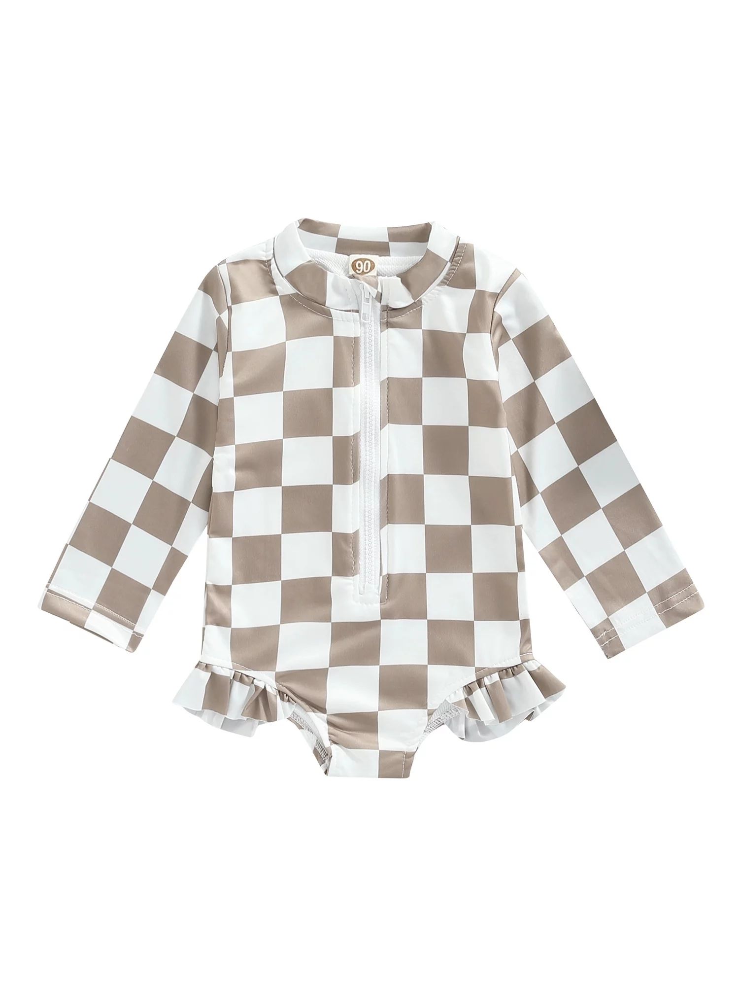 TheFound Toddler Baby Girls Checkerboard Zipper Rush Guard Swimsuits Ruffle Long Sleeve One Piece... | Walmart (US)