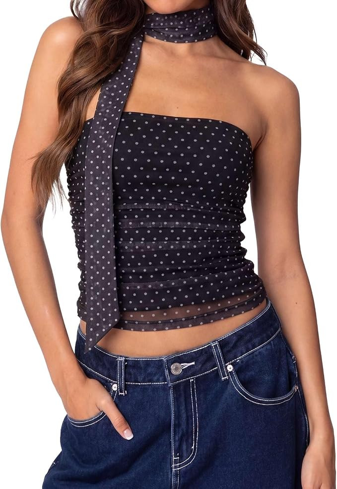 SUUKSESS Women Mesh Tube Top Y2k Sleeveless Bandeau Tank Tops with Scarf 2026 | Amazon (US)