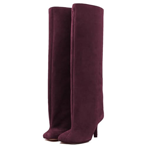 UBWDU Women's Suede Knee High Boots Wide Calf Square Toe Stiletto Heels Tall Booties High Heel Long Boots Burgundy 7.5 | Amazon (US)