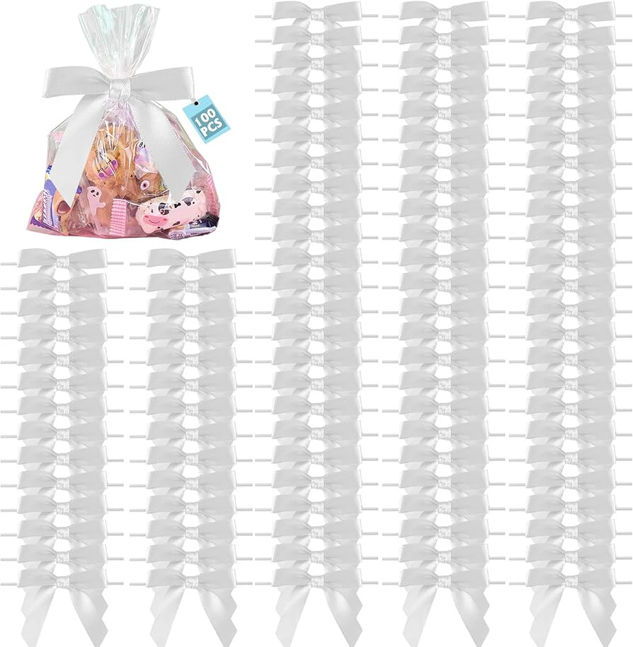 100Pcs 2.7" Twist Tie Bows for Crafts, Pre Tied Small White Bows for Gift Wrapping, Satin Ribbon ... | Amazon (US)