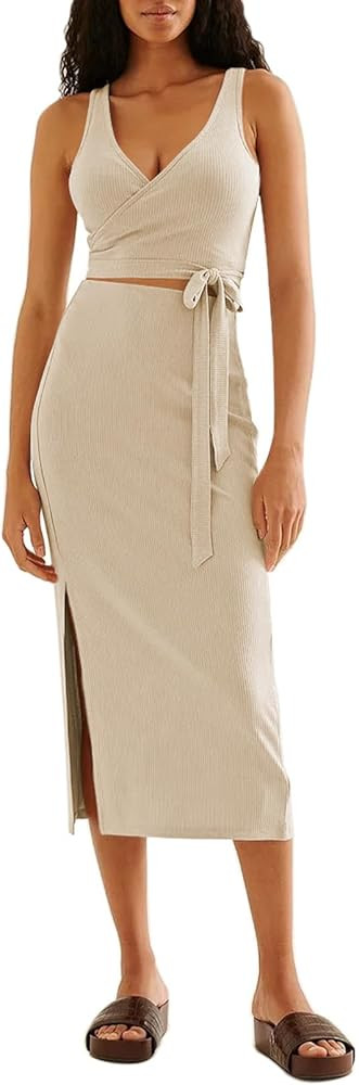 Pink Queen Women's 2 Piece Outfits Wrap V Neck Crop Top Tie Knot Bodycon Slit Skirt Ribbed Knit M... | Amazon (US)