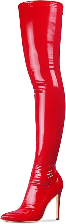 Women's Patent Leather PU Thigh High Boots Pointy Toe Side Zippe Fashion Comfy Sexy Stiletto High... | Amazon (US)