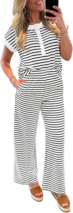 Tankaneo Womens Striped 2 Piece Outfits Short Sleeve Button Up Henley Shirt Wide Leg Pants Pajama... | Amazon (US)