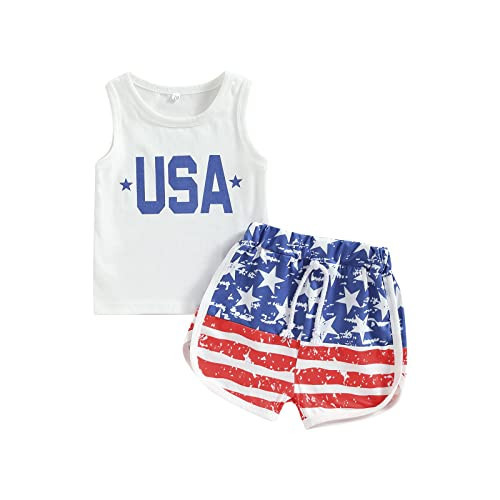 FYBITBO Baby Boy Summer Clothes Toddler 4th of July Outfit Boy USA Sleeveless Shirt Tank Top Stars Stripes Shorts Set (USA Letter, 12-18 Months) | Amazon (US)
